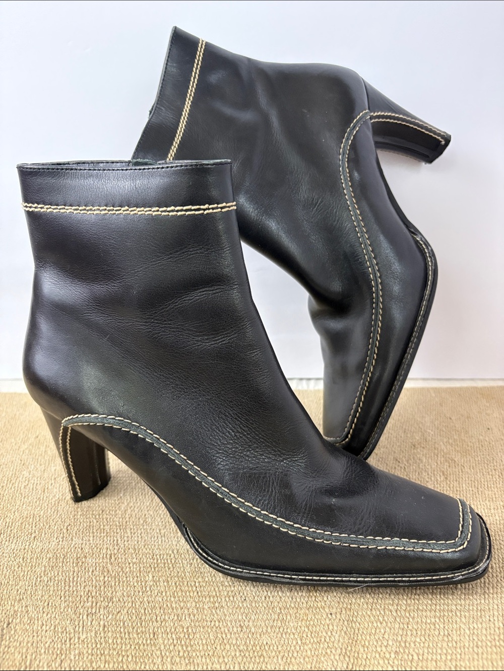 Franco Sarto Black Leather Ankle Boots with Cream Stitching Size 8